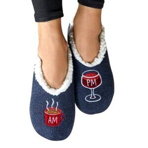 Embroidered Coffee Cup Wine Glass Design Sherpa-Lined  Slippers
